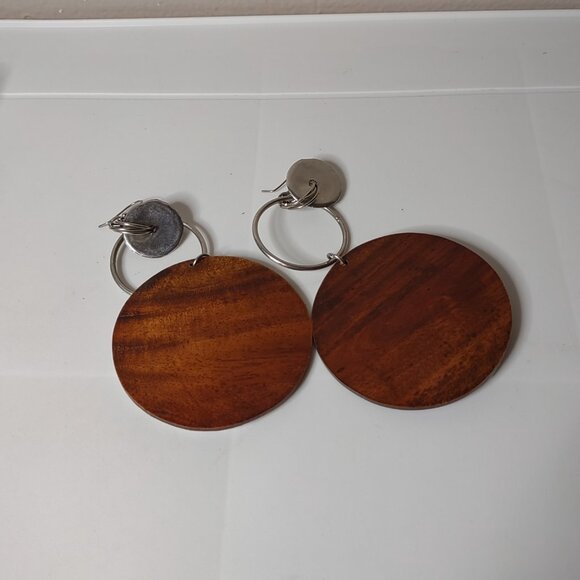 Very Large Wood And Metal Dangle Earrings - Picture 9 of 16
